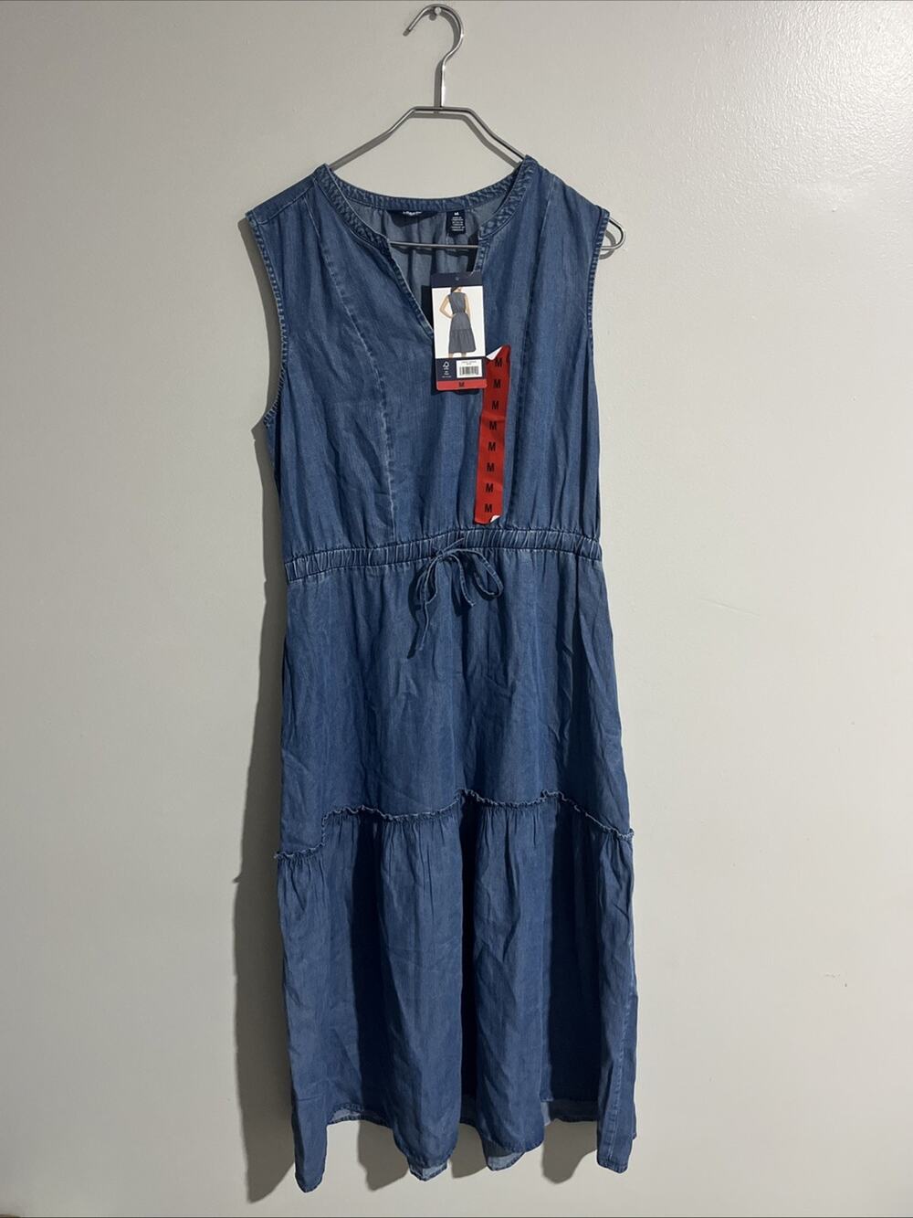 Lands End Dress Womens Extra Blue Denim Tiered Midi Drawstring Pockets New M